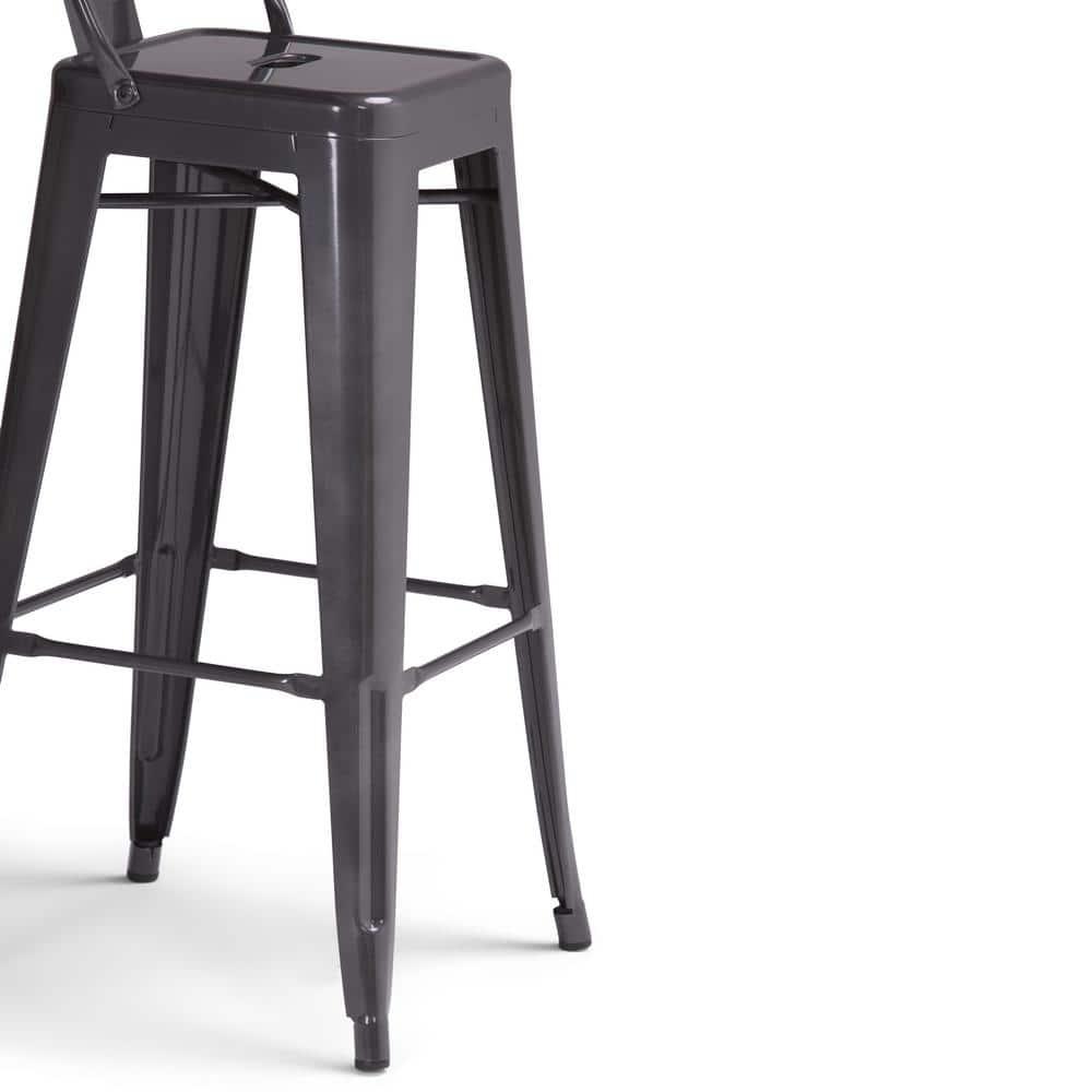 Simpli Home Rayne Metal Industrial Stool with Curved Back, Cross-Brace, and Footrest