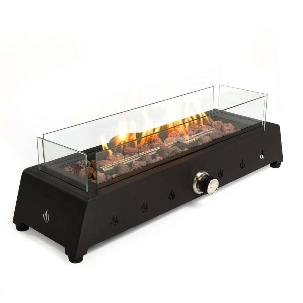 Tabletop Fire Pit with Quick Connect Joint, Glass Wind Guard and Lava Rock