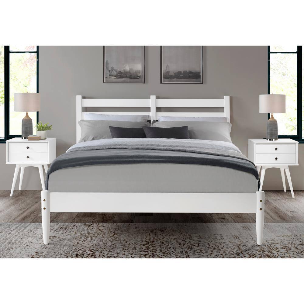 Camaflexi Mid Century Slat Bed Solid Wood Bed Frame with Headboard, King, White