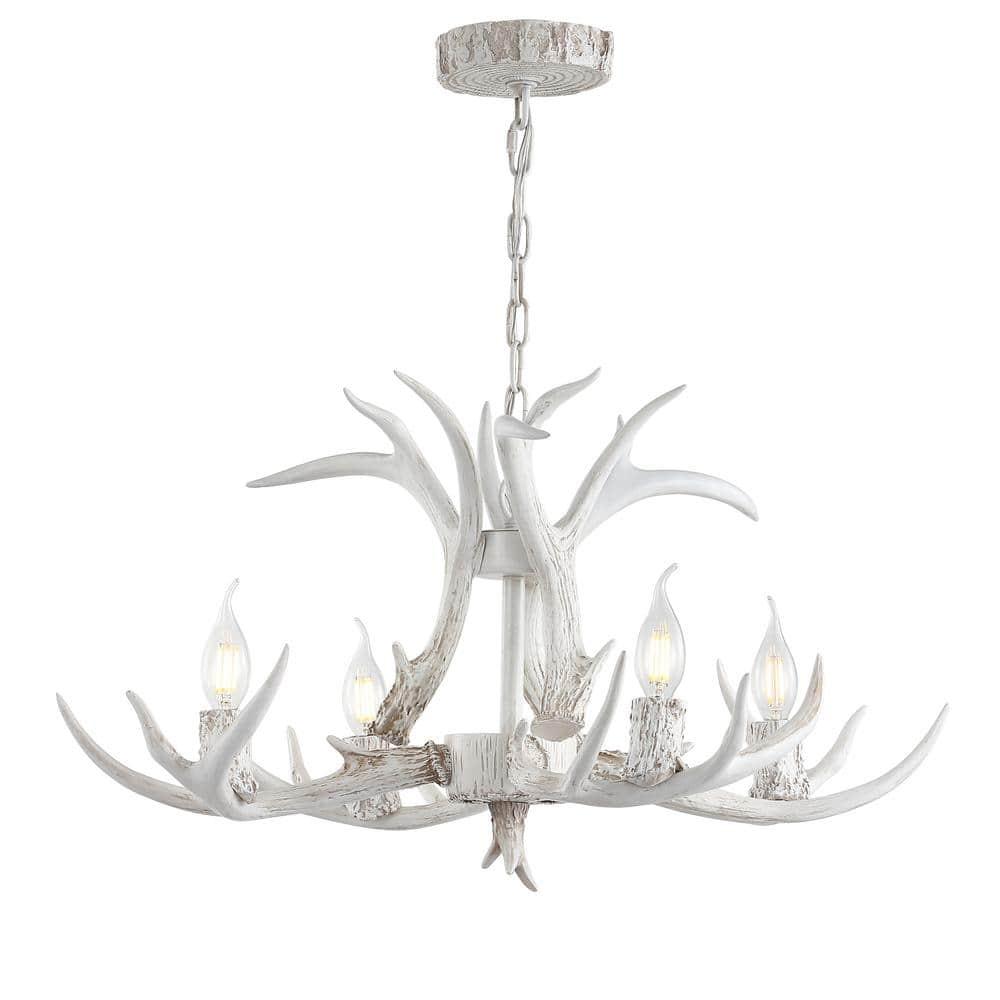 JONATHAN Y JYL6301B Eldora 26" Adjustable Resin Antler 4-Light LED Chandelier, Farmhouse, Glam, Transitional, Rustic, Cottage for living room, dinning room, bedroom, office Bulb Included, White