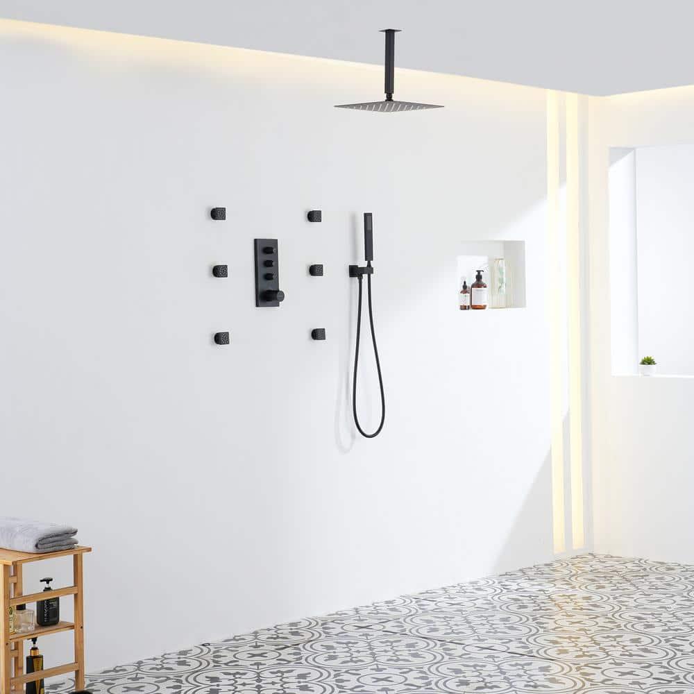3 Functions 12 Inch Ceiling Mounted Thermostatic Shower System with 6 Body Jets