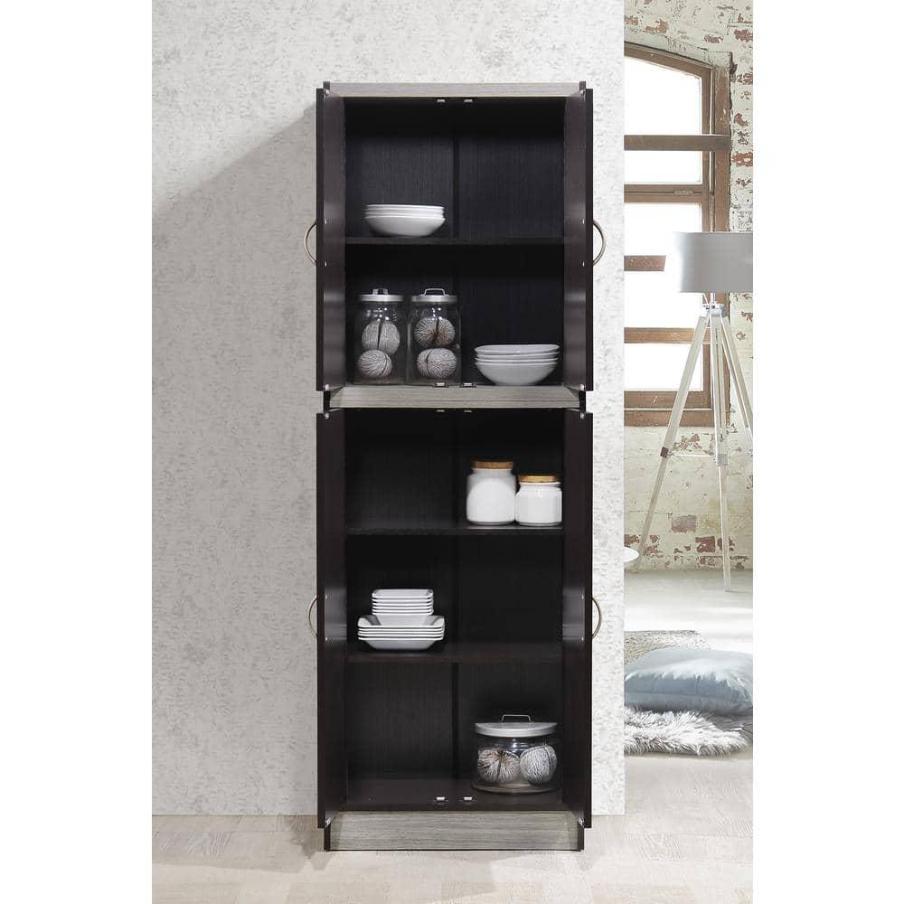 Hodedah 4 Door Kitchen Pantry 4 Shelves 5 Compartments in Chocolate-Grey Wood
