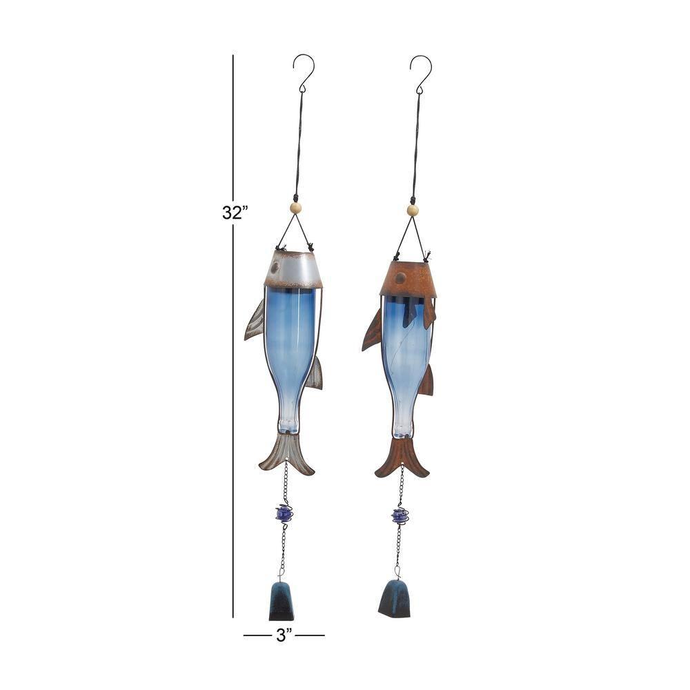 DecMode 32" Blue Metal Fish Windchime with Glass Bottle Body and Beads (2 Count)