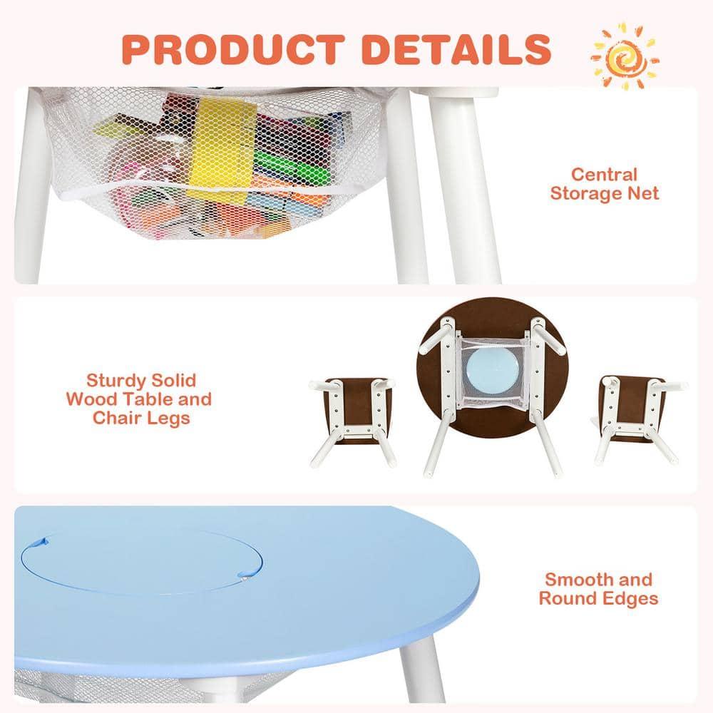 INDSUMOT Kids Table and Chair Set, Wooden Children Activity Table and 2 Chairs for Art & Craft, Storage Mesh Basket, 3-Piece Toddler Furniture Set for Daycare & Playroom, Gift for Boys Girls(Blue)