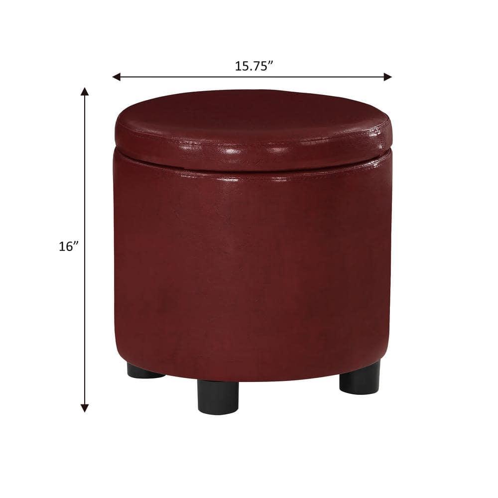 Designs4Comfort Round Accent Storage Ottoman with Reversible Tray Lid, Burgundy Faux Leather