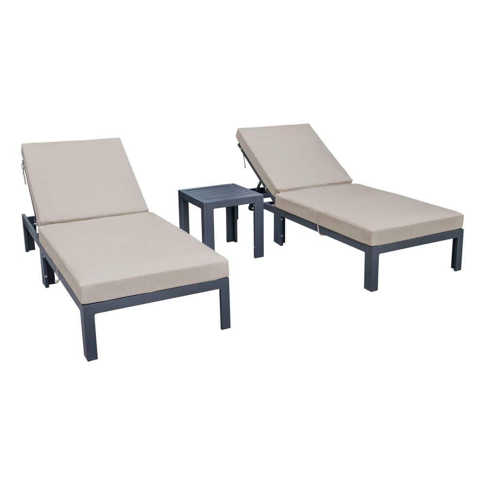 LeisureMod Chelsea Modern Outdoor Chaise Lounge Chair Set with Side Table, Black Aluminum – Set of 2 in Beige