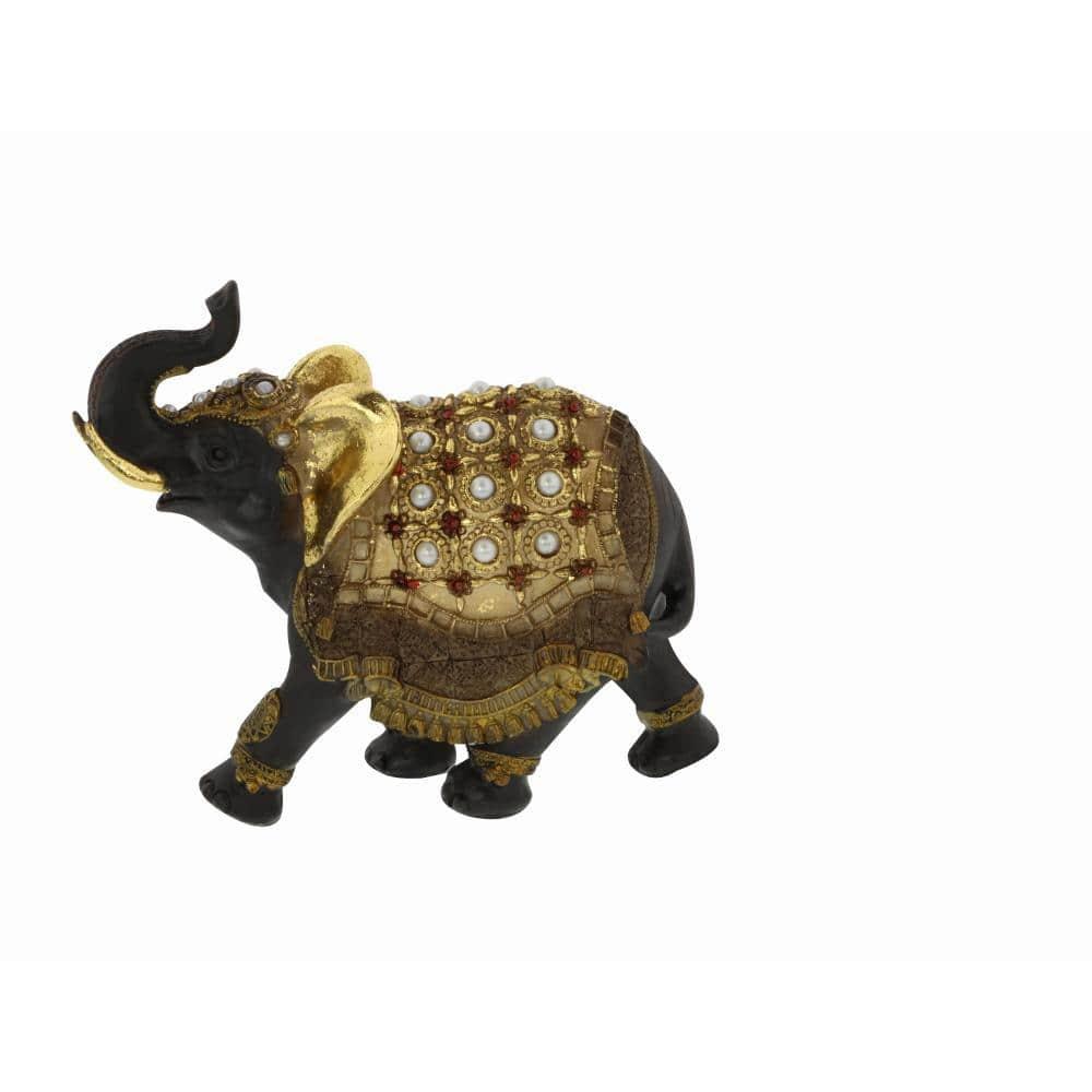 World Menagerie Alfhild Polystone Handmade Decorated Elephant Gold Sculpture with Ornate Dresswear and Pearl Accents Set