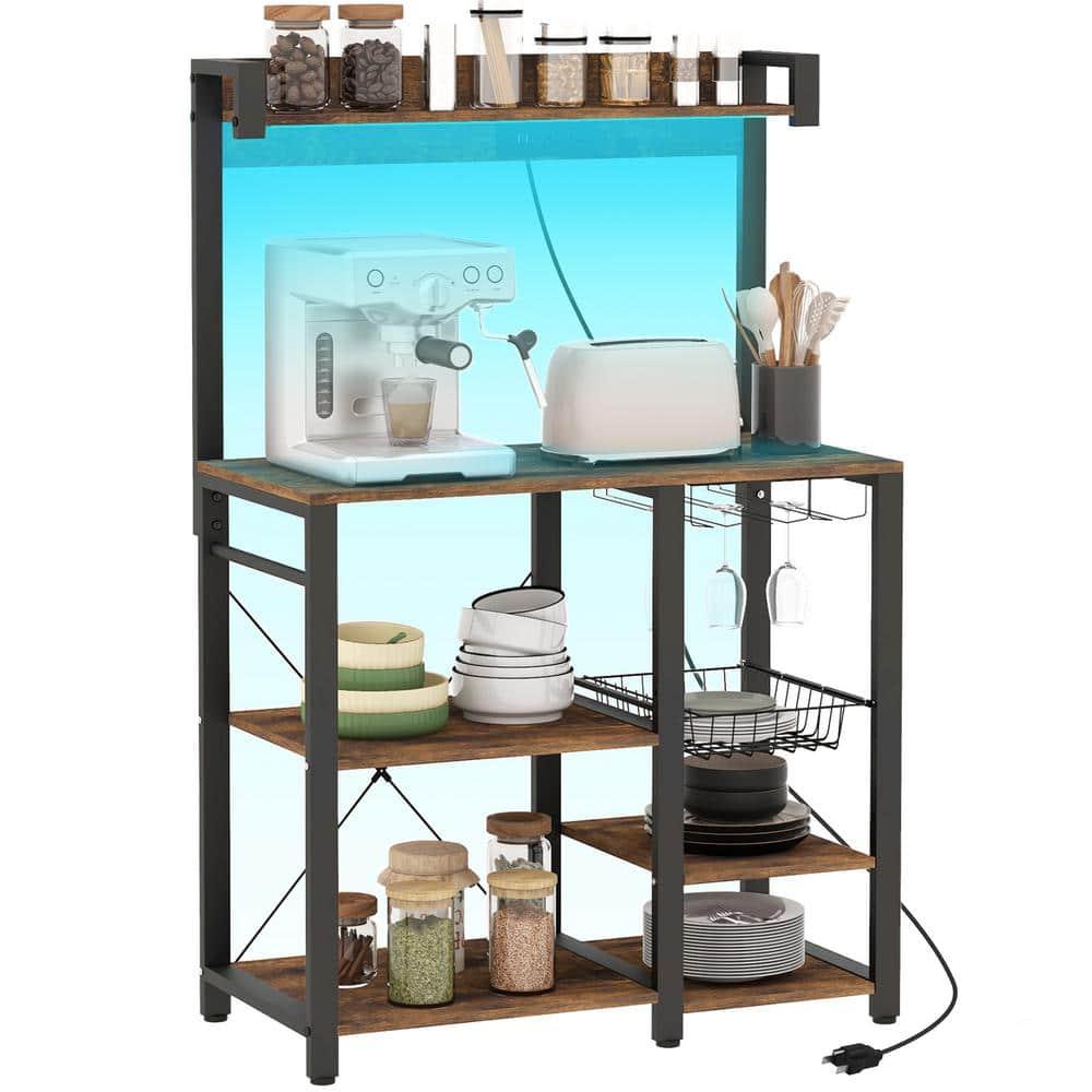 HOMCOM Industrial Kitchen Bakers Rack with Charging Station, RGB Lights, Glass Holders and Open Shelves, Rustic Brown