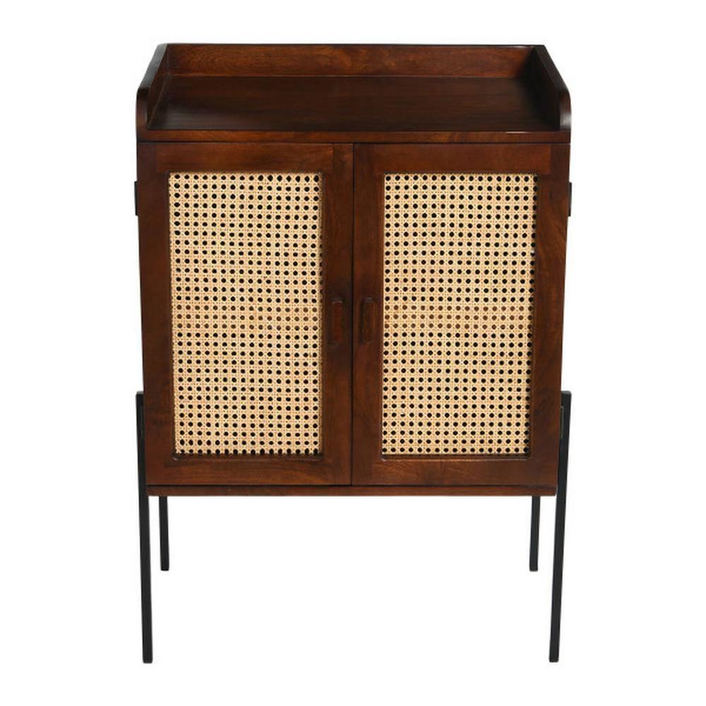 Storied Home Boho Solid Wood Bar Cabinet with Metal Legs and Woven Cane Doors Walnut/Natural: Iron Frame, Mango Surface