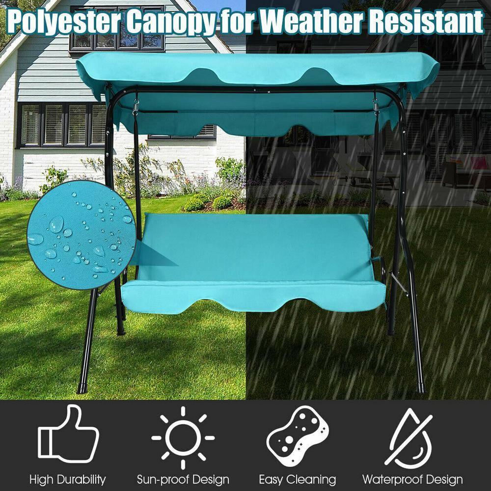 Tangkula 3-Seats Outdoor Glider Hammock with Adjustable Waterproof Canopy Aluminum Frame Patio Swing Chair Blue