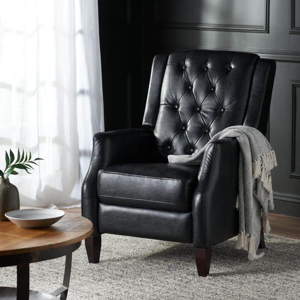 Noble House Steinaker Faux Leather Tufted Pushback Recliner, Midnight Black and Dark Brown