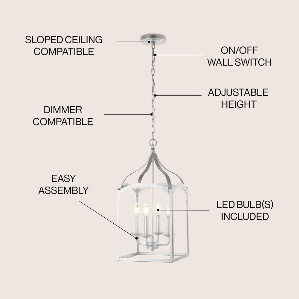 11" LED 4-light Ruth Classic Lantern Metal/Glass Pendant Silver - JONATHAN Y: ETL Listed, Adjustable Height