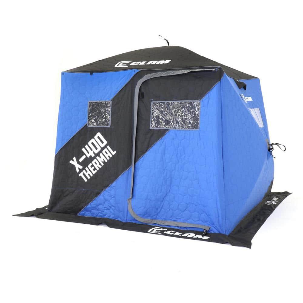 CLAM 17479 X-400 Portable 3 to 4 Person 8-Foot Pop-Up Ice Fishing Angler Thermal Hub Shelter Tent with Anchor Straps and Carrying Bag