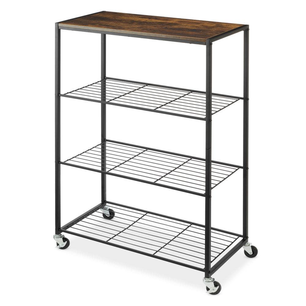 Whitmor Modern Industrial 4-Shelf Metal and Wooden Freestanding Shelves, Black