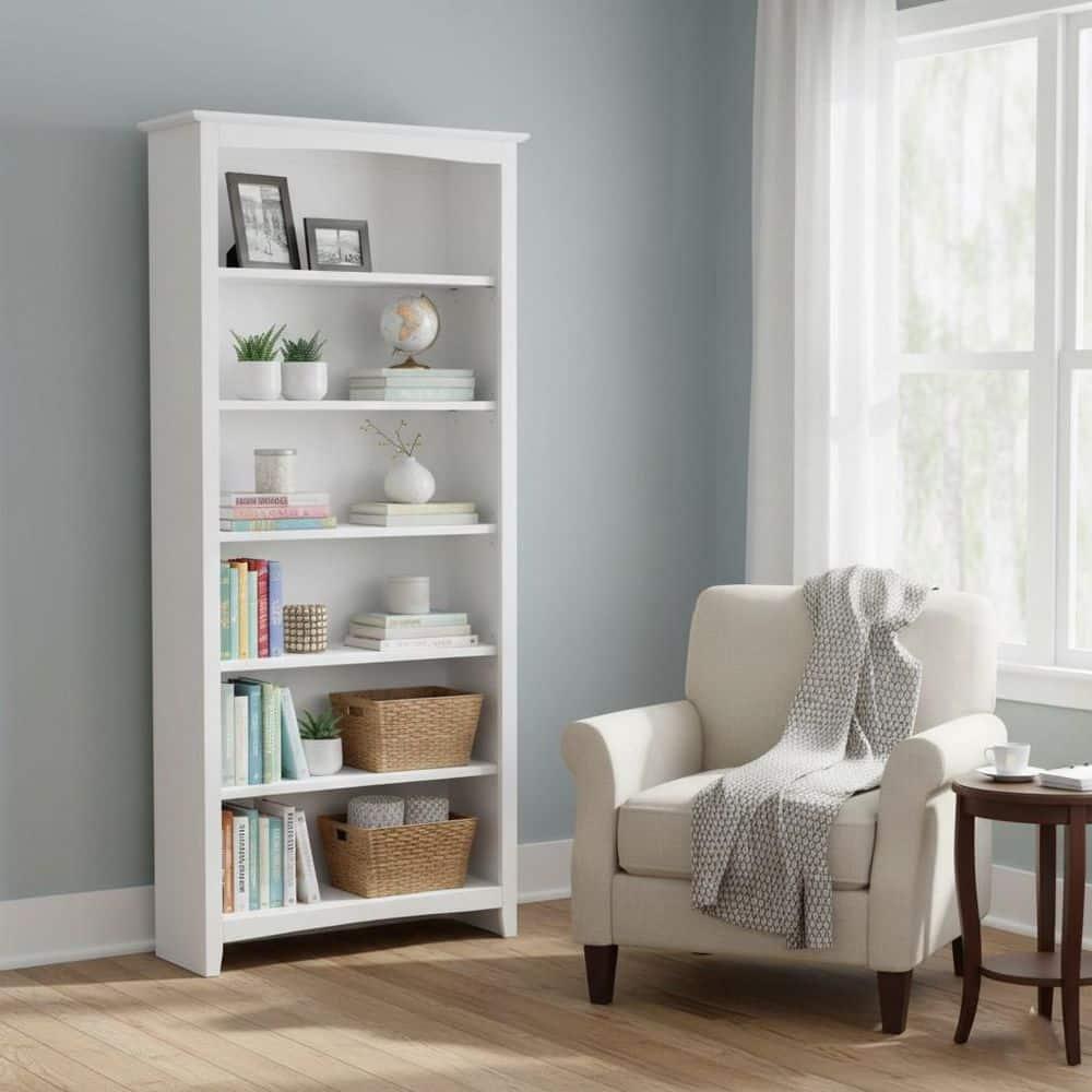 72" Shaker Bookshelf White - International Concepts: Solid Wood, 5 Fixed & Adjustable Shelves