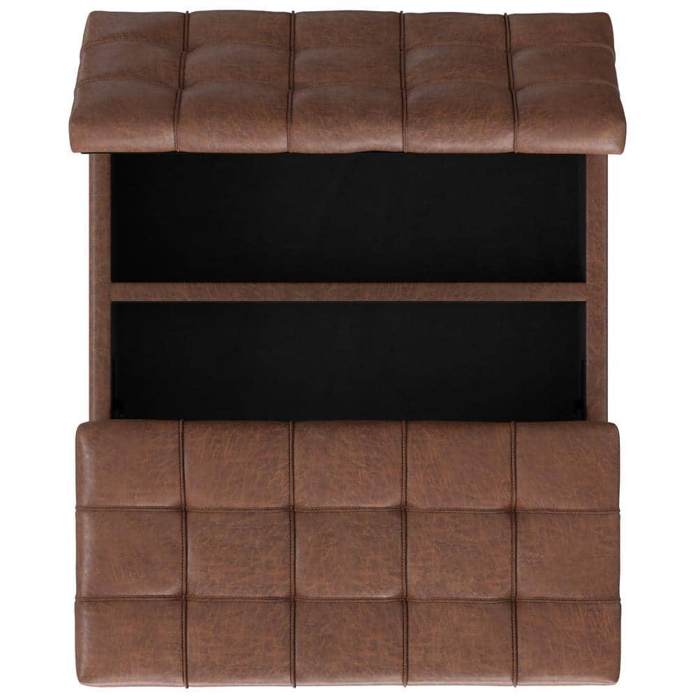 Simpli Home Laura 36 inch Wide Mid Century Square MidÂ CenturyÂ Lift TopÂ Storage Ottoman in Distressed Saddle Brown Vegan Faux Leather