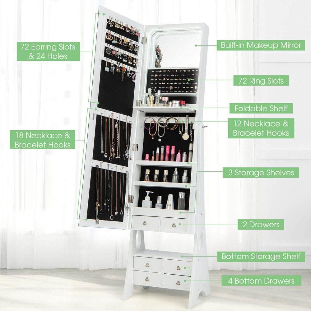Tangkula Jewelry Cabinet Armoire Full Length LED Mirror w/ 6 Drawers & Makeup Shelf White