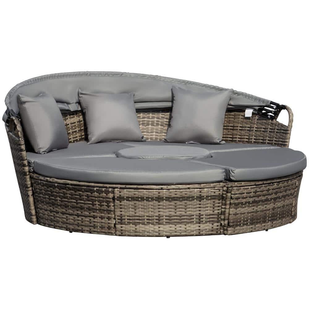 Outsunny Round Daybed, 4-piece Cushioned Outdoor Rattan Wicker Sunbed or Conversational Sofa Set with Sun Canopy, Dark Gray