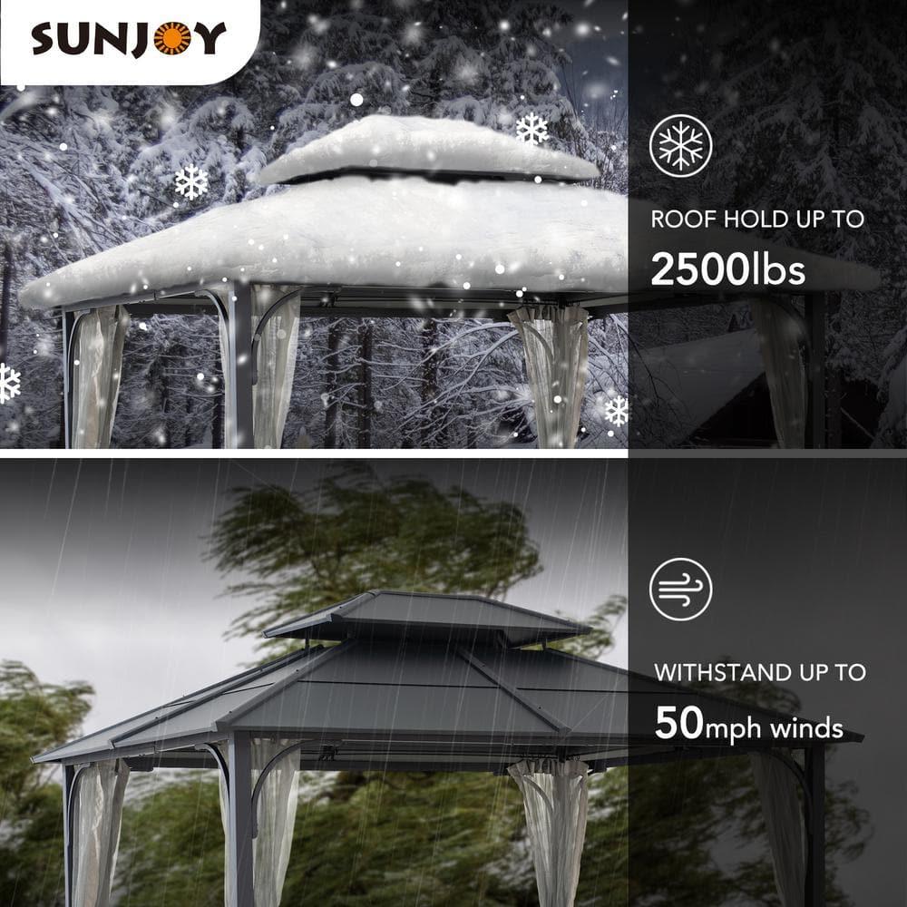 Sunjoy Sunjoy Hardtop Gazebo 10 x 12 ft. Outdoor Gazebo, Heavy Duty Steel Frame Gazebo, Double Roof Metal Gazebo with Ceiling Hook and Removable Netting Sidewalls