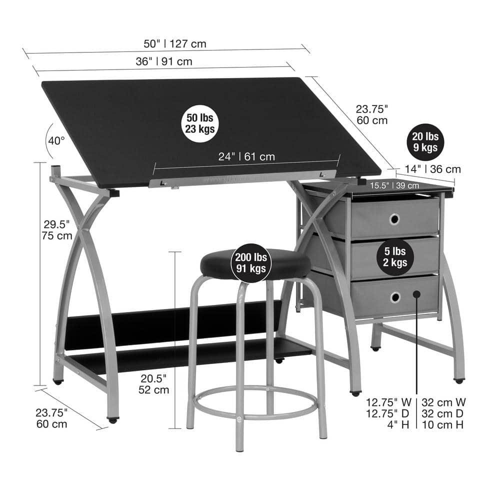 Comet Plus Drawing Table and Stool Set Silver/Gray - studio designs: Adjustable Top, Storage Drawers, Padded Seat