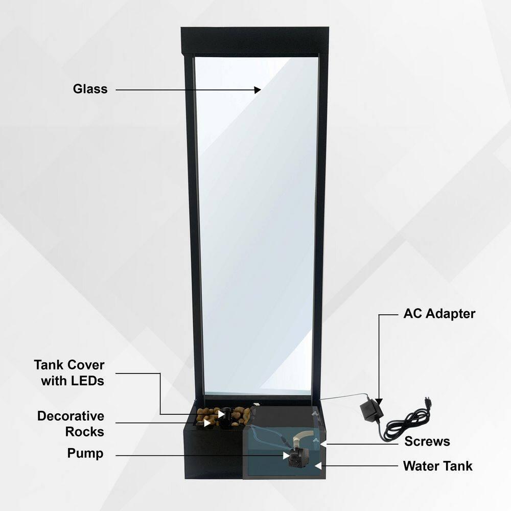 XBrand 68" H Freestanding Modern Indoor/Outdoor Waterfall Fountain w/ Decorative Rocks, LED Lights & Auto-Shut Off Pump, Aluminum/Clear Glass, Black