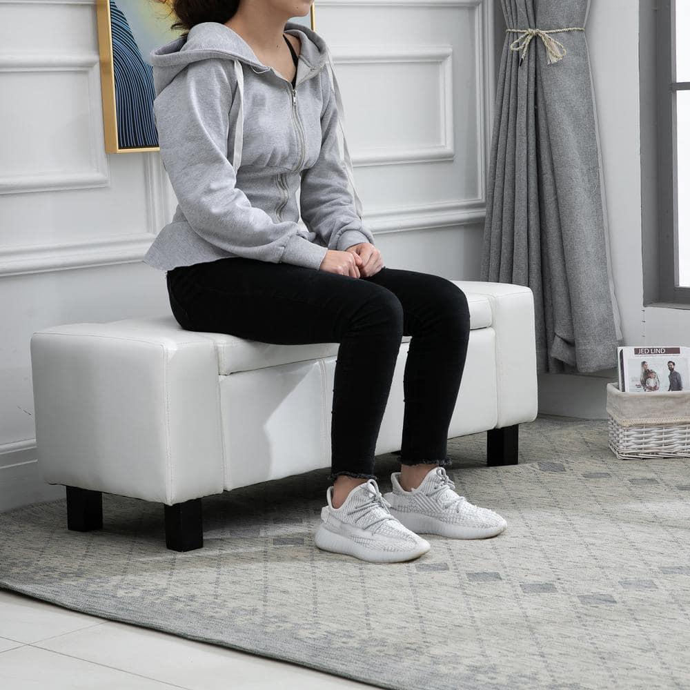 CCBIUOMBO 42\u201D Faux Leather  Ottoman Bench Organizer Chest Rectangular Footstool with Hinged Lid for Living Room  Entryway  or Bedroom - Cream White