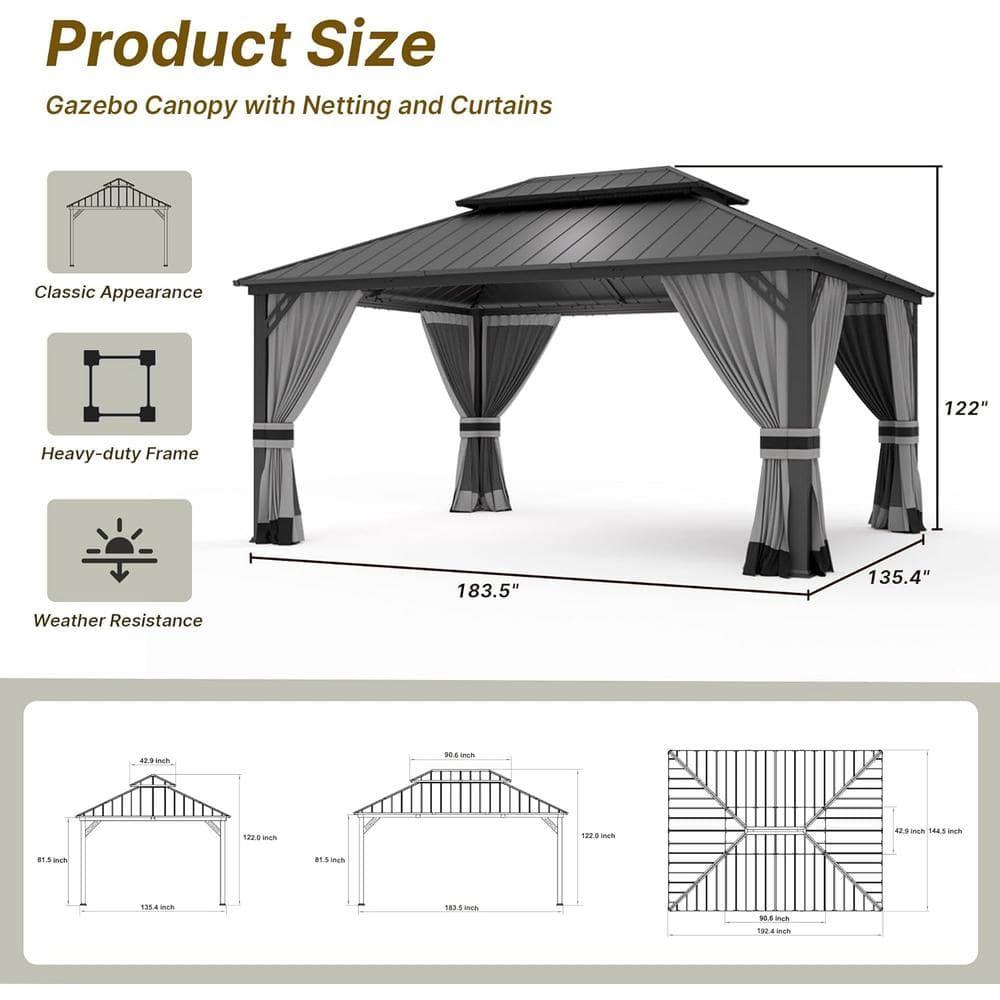Kozyard Kozyard Alexander Gray Double Roof Hardtop Gazebo with Privacy Curtain Mosquito Netting