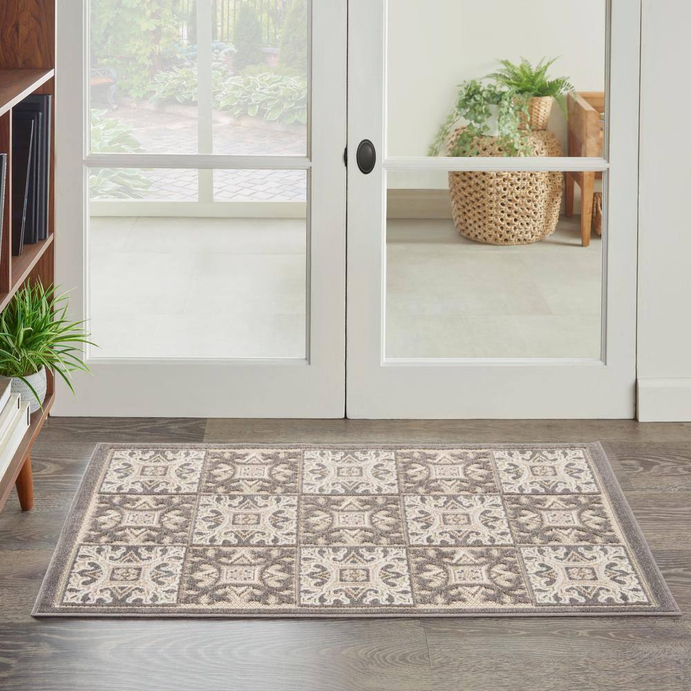 Nourison Aloha Modern Mosaic Flatweave High-Low Indoor Outdoor Area Rug Ivory Grey 2'8" x 4'