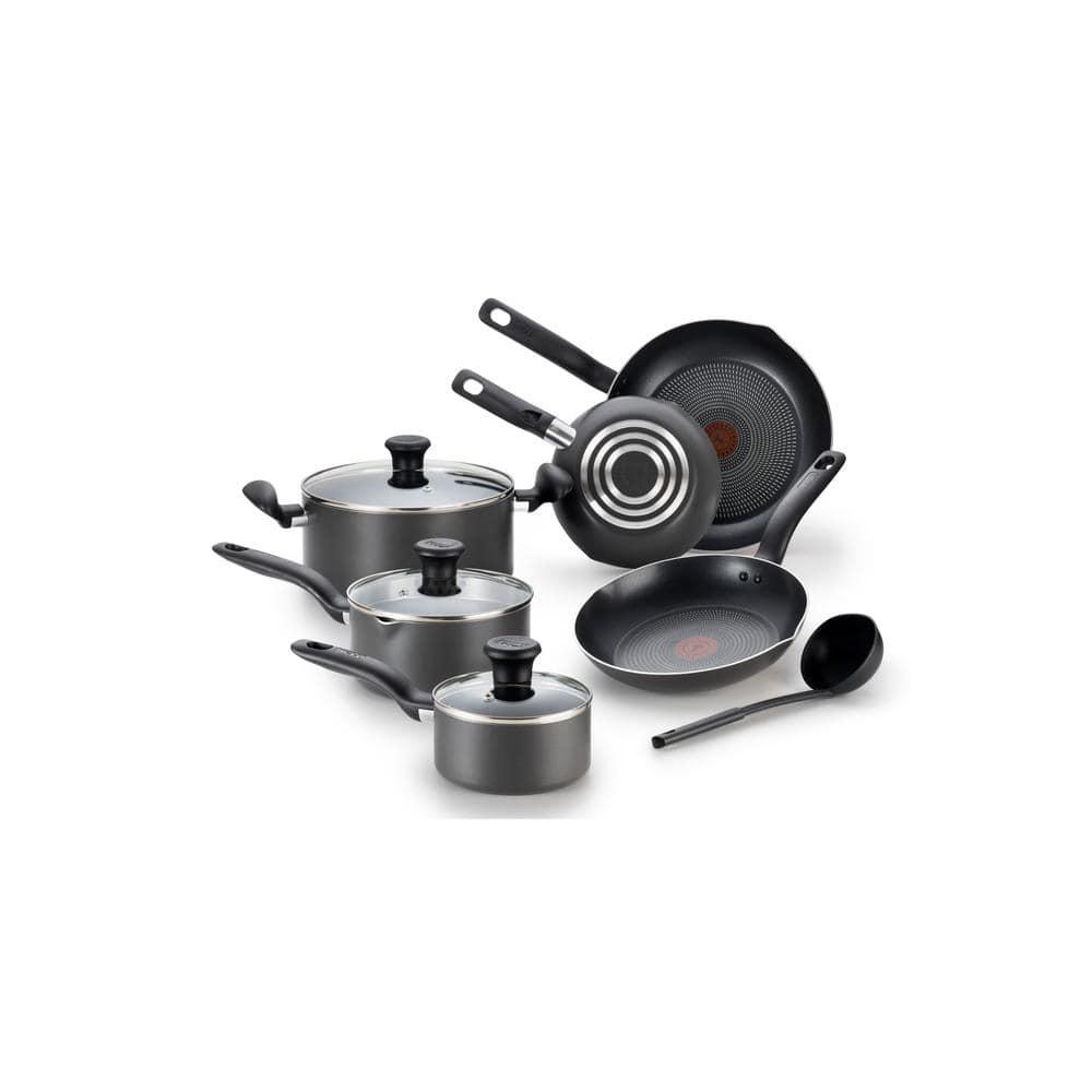 T-fal 10pc Initiatives Nonstick Cookware Set Black: Tempered Glass Lids, Stay-Cool Handles, Dishwasher & Oven Safe