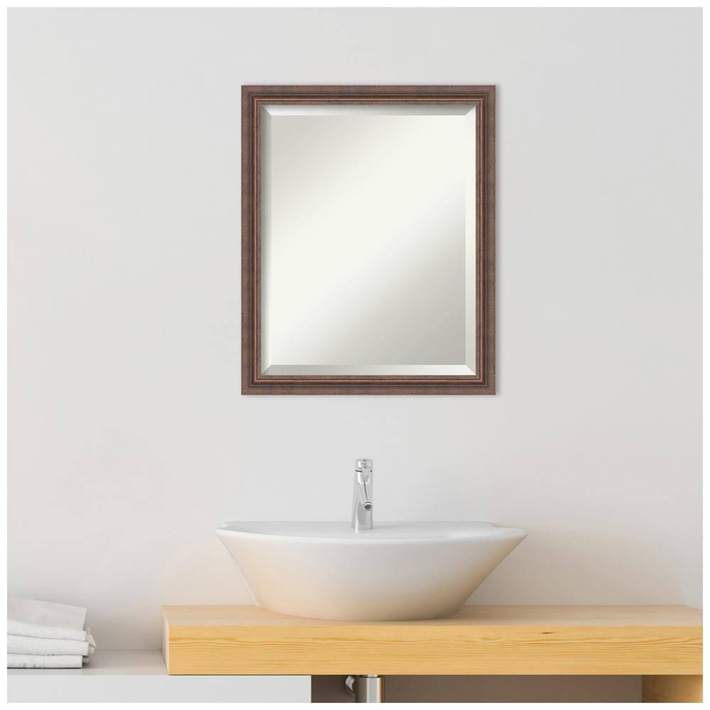 Amanti Art Distressed Rustic Brown Beveled Wood Bathroom Wall Mirror 22.5 x 18.5 in.