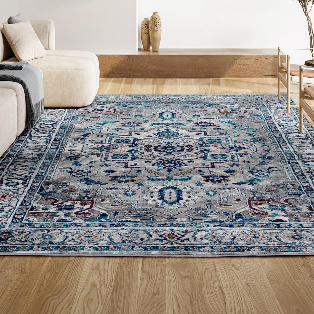 8'x10' Modern Persian Vintage Medallion Area Rug, Light Grey/Blue - JONATHAN Y