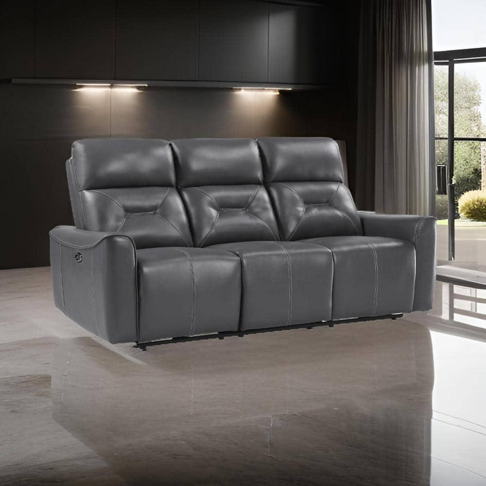 Well 82 Inch Power Double Recliner Sofa, Dark Gray Faux Leather, Wood