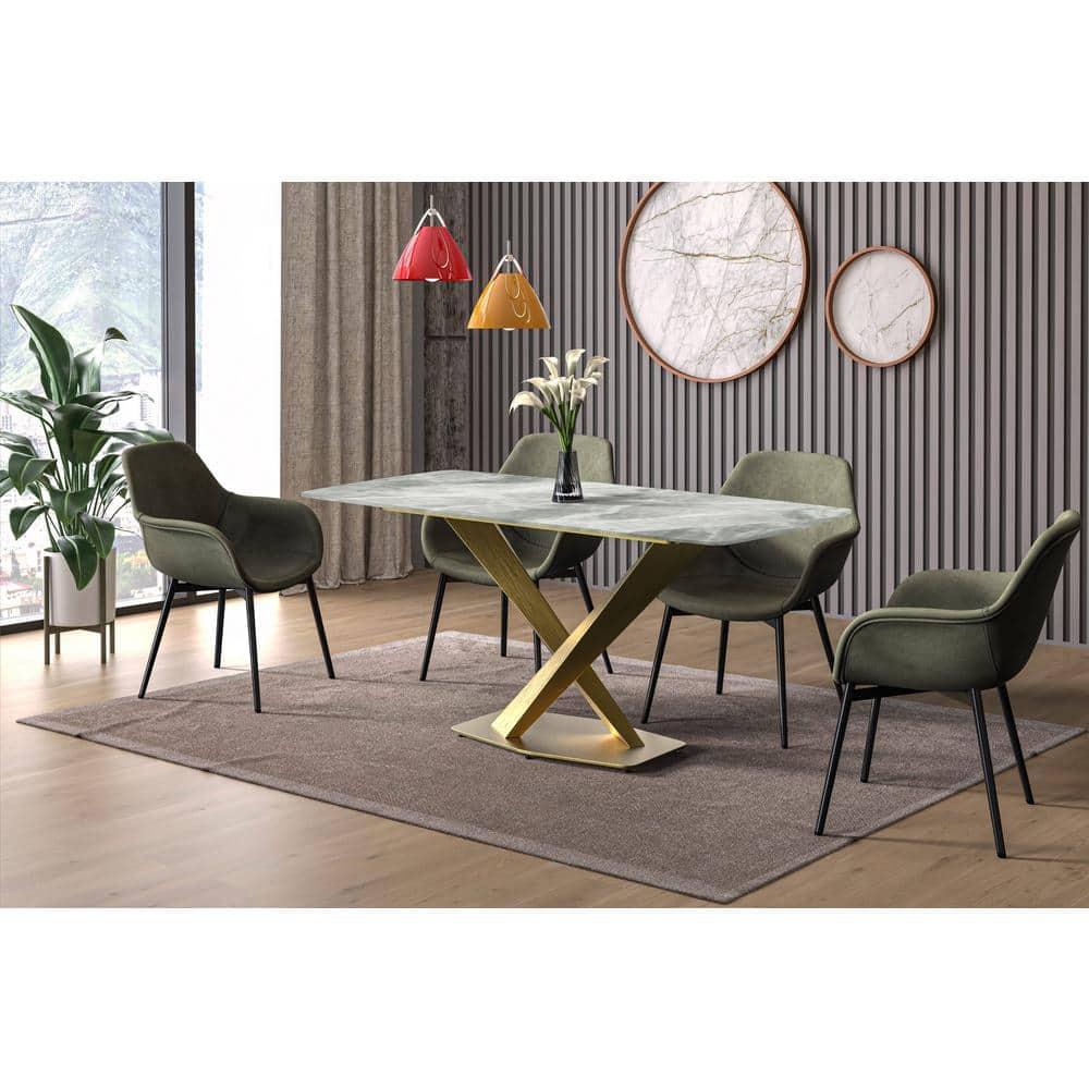 LeisureMod Voren Modern Dining Table with 71" Rectangular Sintered Stone or Glass Wide Tabletop and Steel Legs for Home, Kitchen, Dining or Conference Room in Light Grey