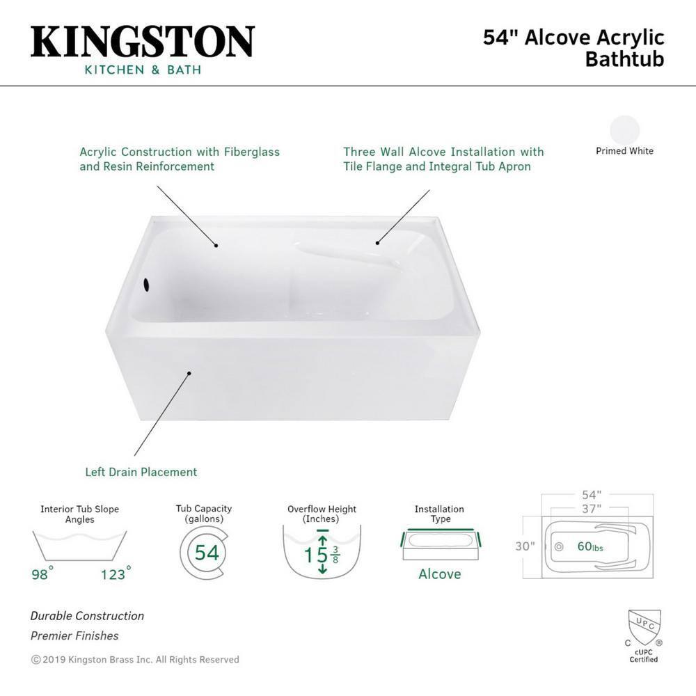 54 in. Acrylic Alcove Tub with Arm Rest & Left Hand Drain Hole, White