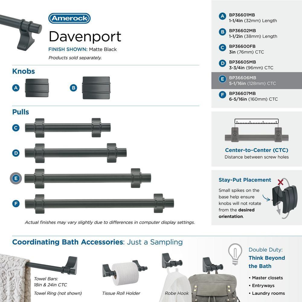 Amerock Davenport 5-1/16 inch (128mm) Center-to-Center Matte Black Cabinet Pull