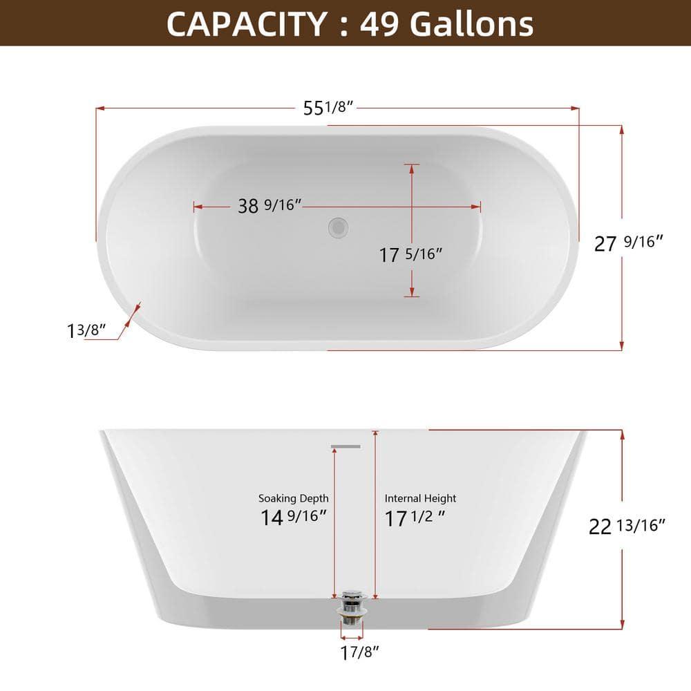 55" Freestanding Soaking Acrylic Bathtub Contemporary Stand Alone Tub with Pop-Up Drain