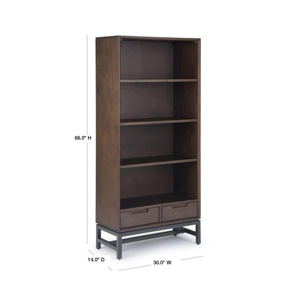 Banting 30"W Solid Wood 4 Shelf Industrial Bookcase with 2 Drawers, Adjustable Shelves, and Metal Base
