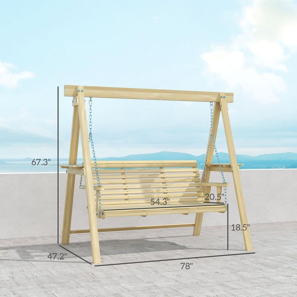 Outsunny 3 Seat Wooden Porch Swing with Stand, Patio Swing Chair with Side Tables, Natural Wood