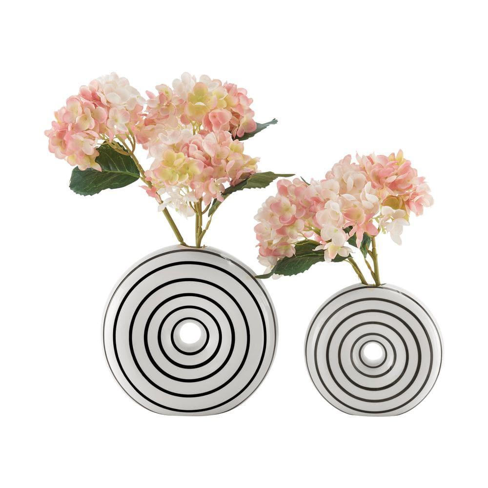 Danya B. Etta Two Piece Glossy Ceramic Black and White Striped Round Hollow Circle Donut Vase Set