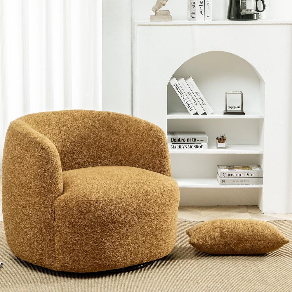 34" Wide Boucle Swivel Barrel Chair, No Assembly Round Upholstered Armchair Accent Chair Single Sofa Chair with Toss Pillow for Living Room and Bedroom, Brown