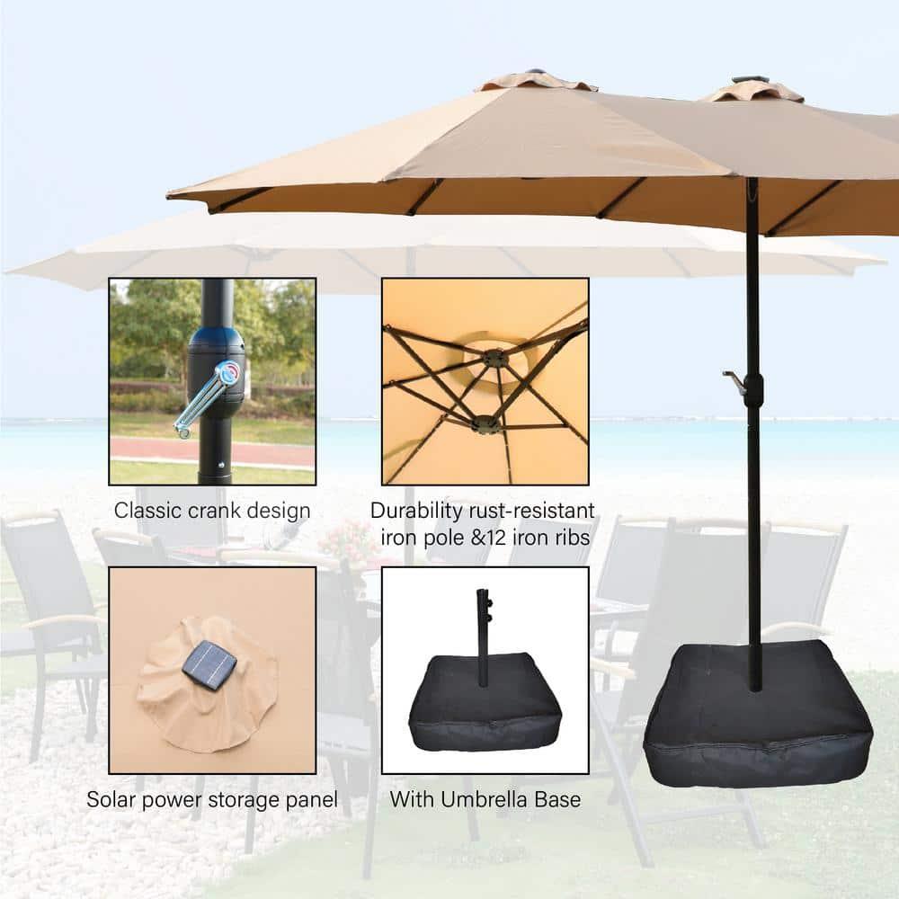 15 ft. Taupe Steel Double-Sided Market Patio Umbrella with Lights