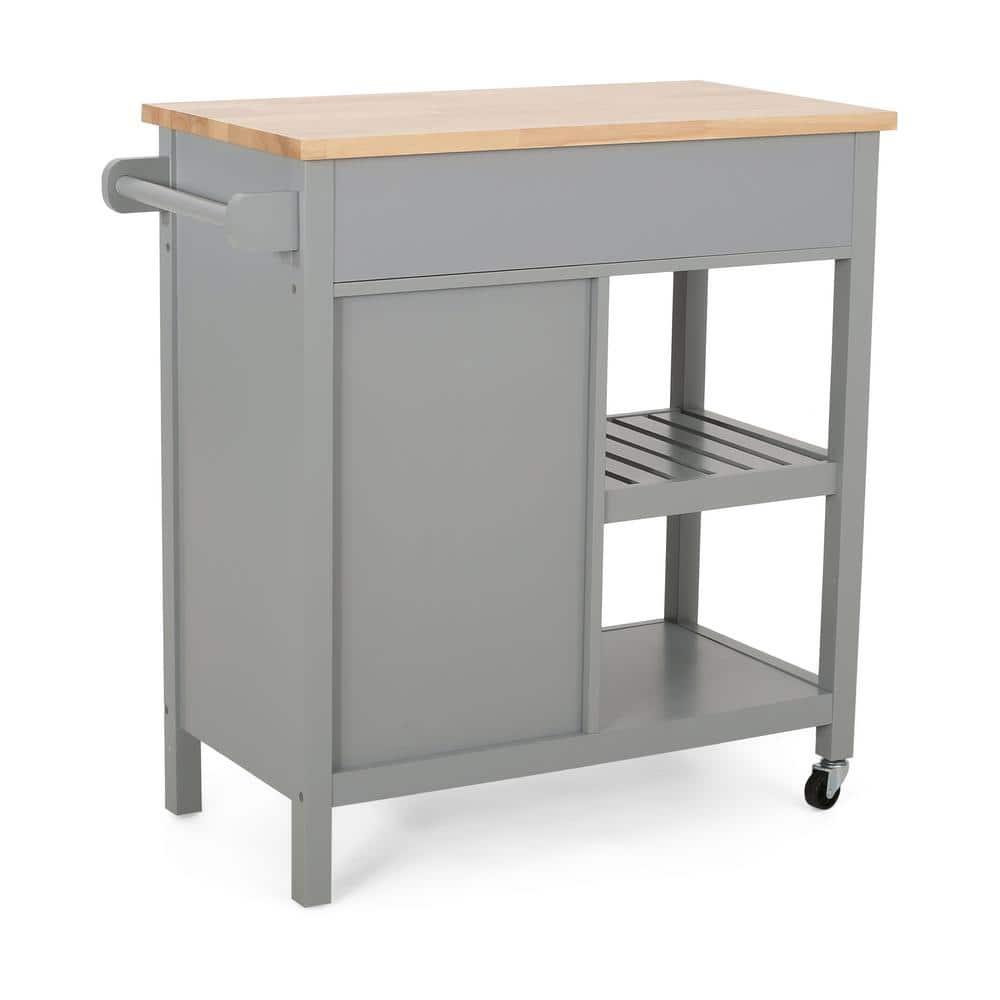 Noble House Rodrick Rubberwood Kitchen Cart, Gray, Natural