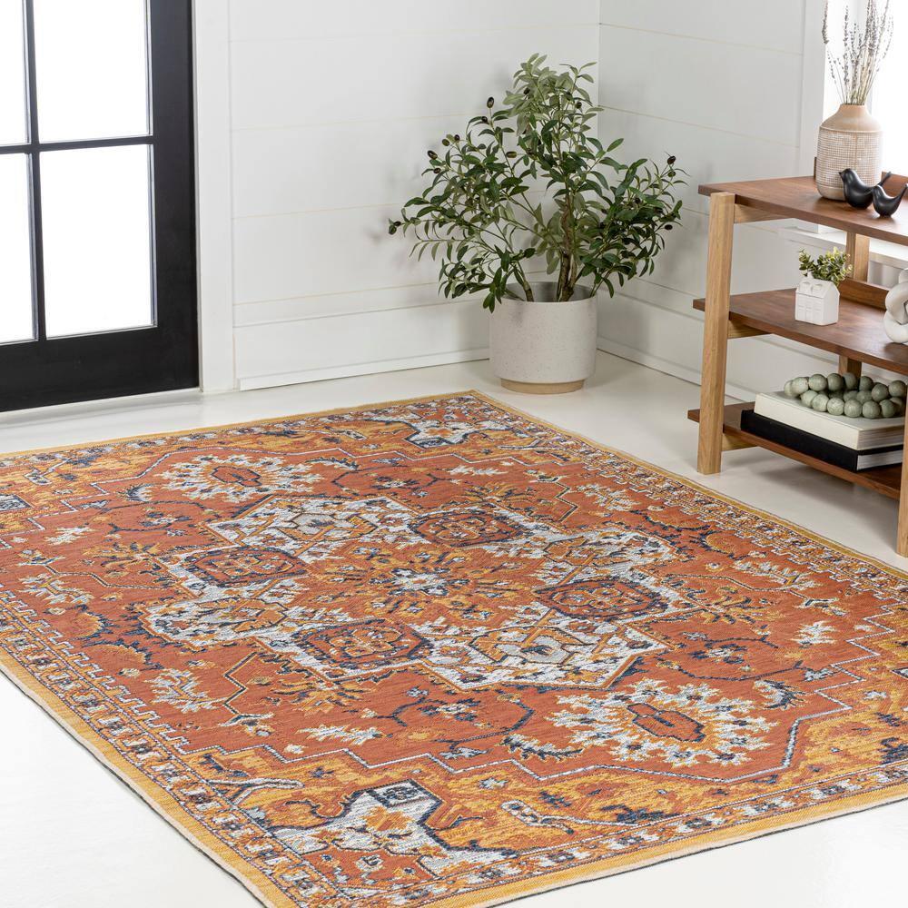 JONATHAN Y Bijan Traditional Vintage Medallion Reversible Machine-Washable Terra/Blue/Cream 3 ft. x 5 ft. Indoor/Outdoor Area Rug