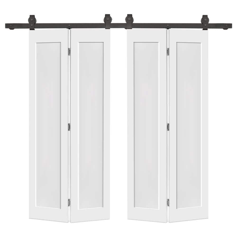 64 in. x 80 in. 1 Panel Shaker Hollow Core White Composite Double Bi-Fold Door with Barn Door Hardware Kit