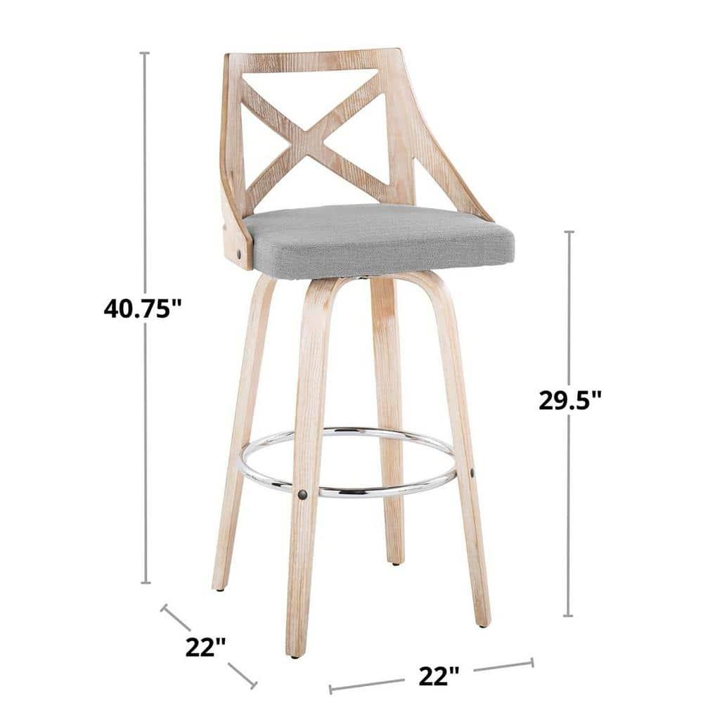 LumiSource Set of 2 Charlotte Barstools White Wash/Light Gray: Upholstered Swivel Counter Height Stools