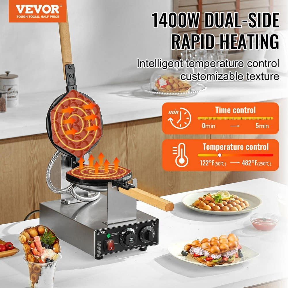 VEVOR Commercial Bubble Waffle Maker, 1400W Egg Bubble Puff Iron w/ 180° Rotatable 2 Pans & Wooden Handles, Stainless Steel Baker w/Non-Stick Teflon Coating, 50-250℃/122-482℉ Adjustable