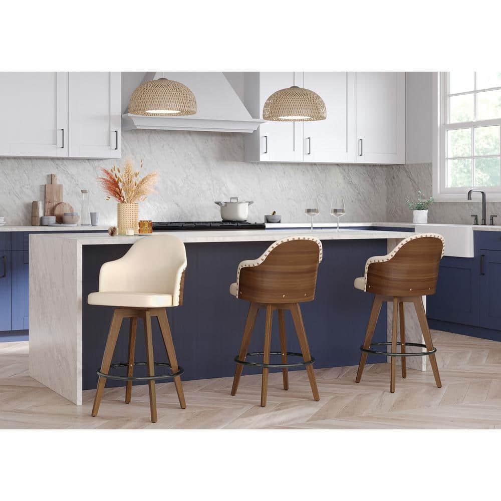 LumiSource 26" Ahoy Mid-Century Modern Counter Height Barstool Walnut/Cream: Swivel Seat, Padded Back, Wood Legs