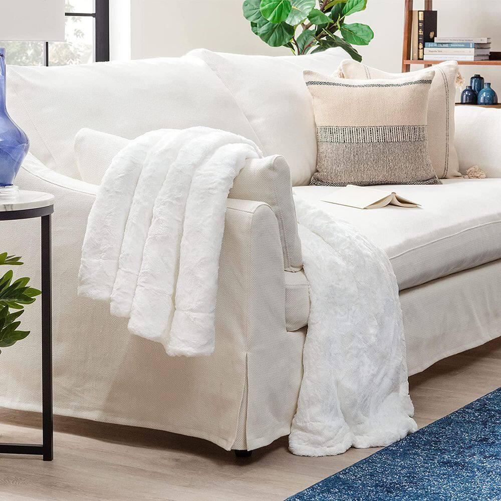 Chanasya Super Soft Fuzzy Faux Fur Elegant Rectangular Embossed Throw Blanket | Fluffy Plush Sherpa Cozy Microfiber Off White Blanket for Bed Couch Living Room Fall Winter Spring (50" x 65") - White