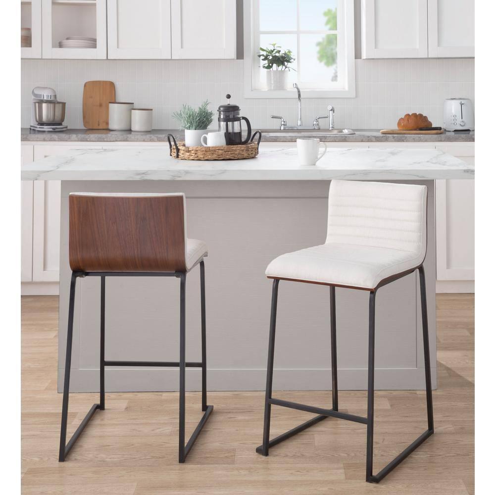 Set of 2 Mason-Mara Counter Height Barstools Black/Walnut/Cream - LumiSource: Tufted, Swivel, Metal Base, Wood Back