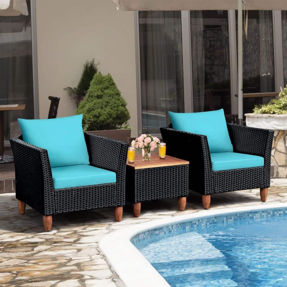 Tangkula 3PCS Patio Rattan Conversation Set Outdoor Furniture Set w/ Turquoise Cushions